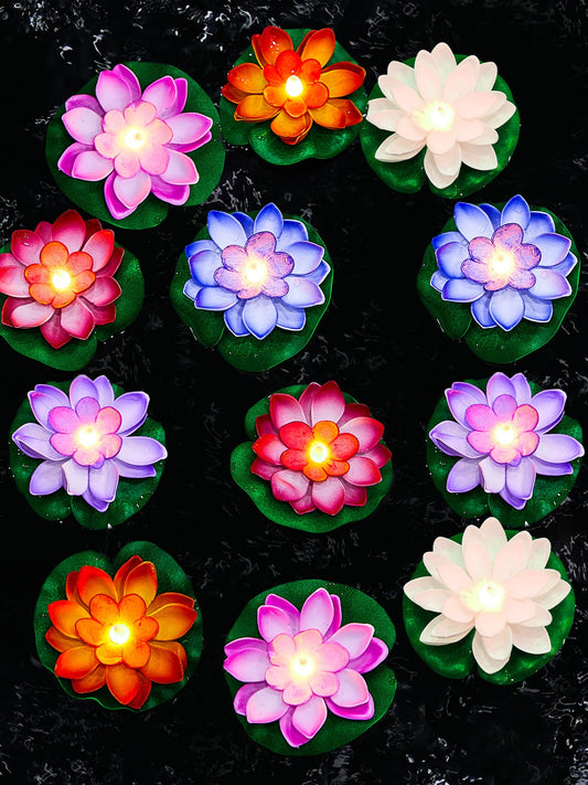 Rynx | Hortsun 12 Pcs Led Lotus Floating Pool Light - Multicolored Lily Pad Lanterns, 5.91 Inches