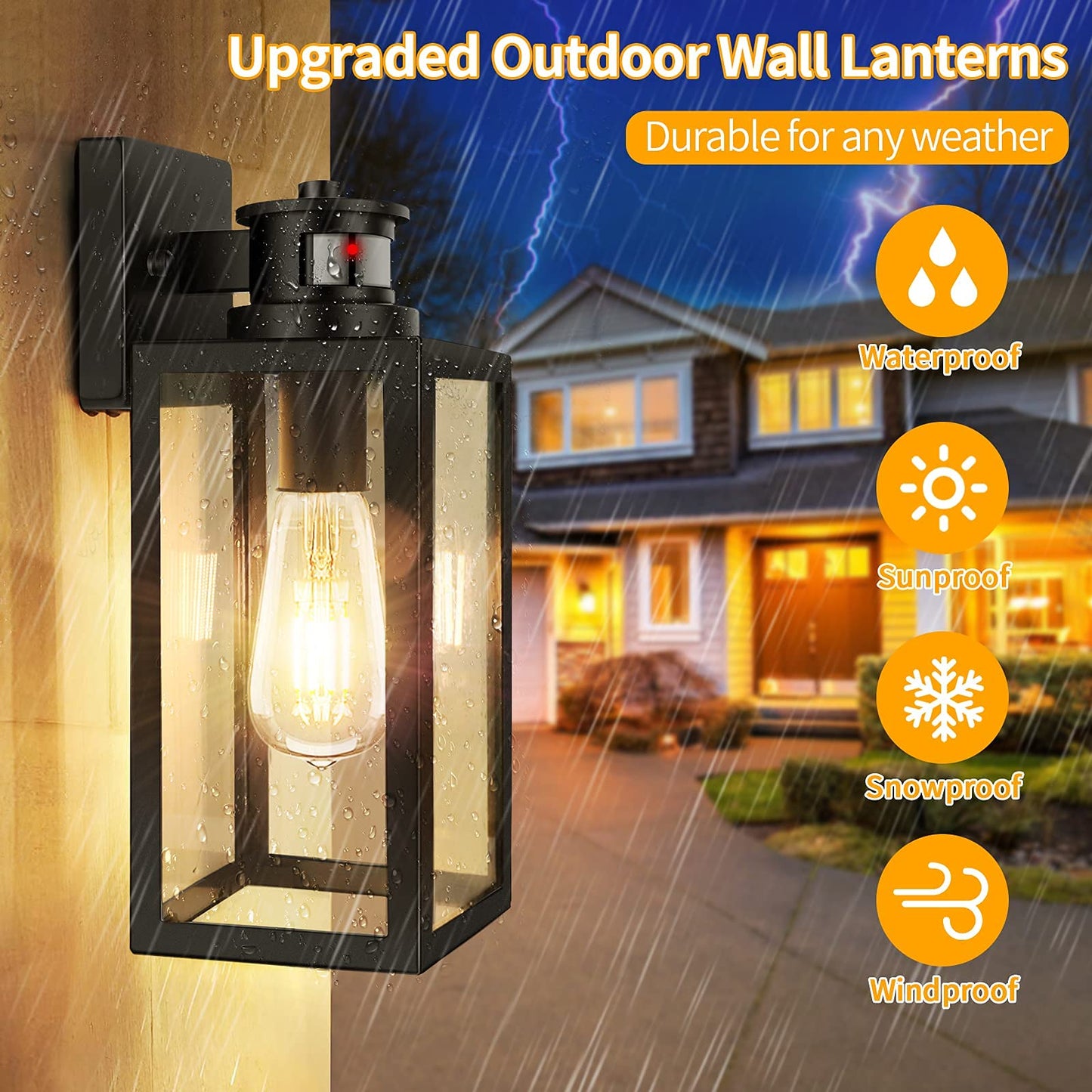 Rynx | Tobusa 2-Pack Motion Sensor Outdoor Wall Lights, Twilight To Dawn Black Lanterns For Veranda & Garage