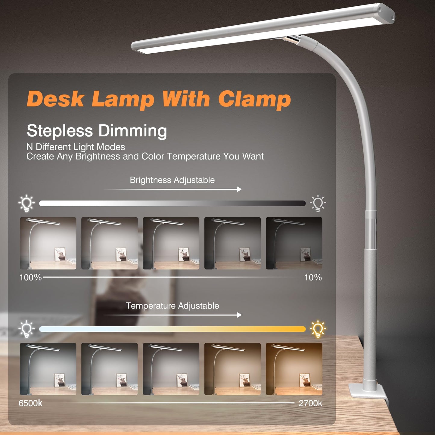 Rynx | Airlonv LED Desk Lamp, Eye-Friendly Light With Stepless Dimmer, Flexible Goose Neck, White