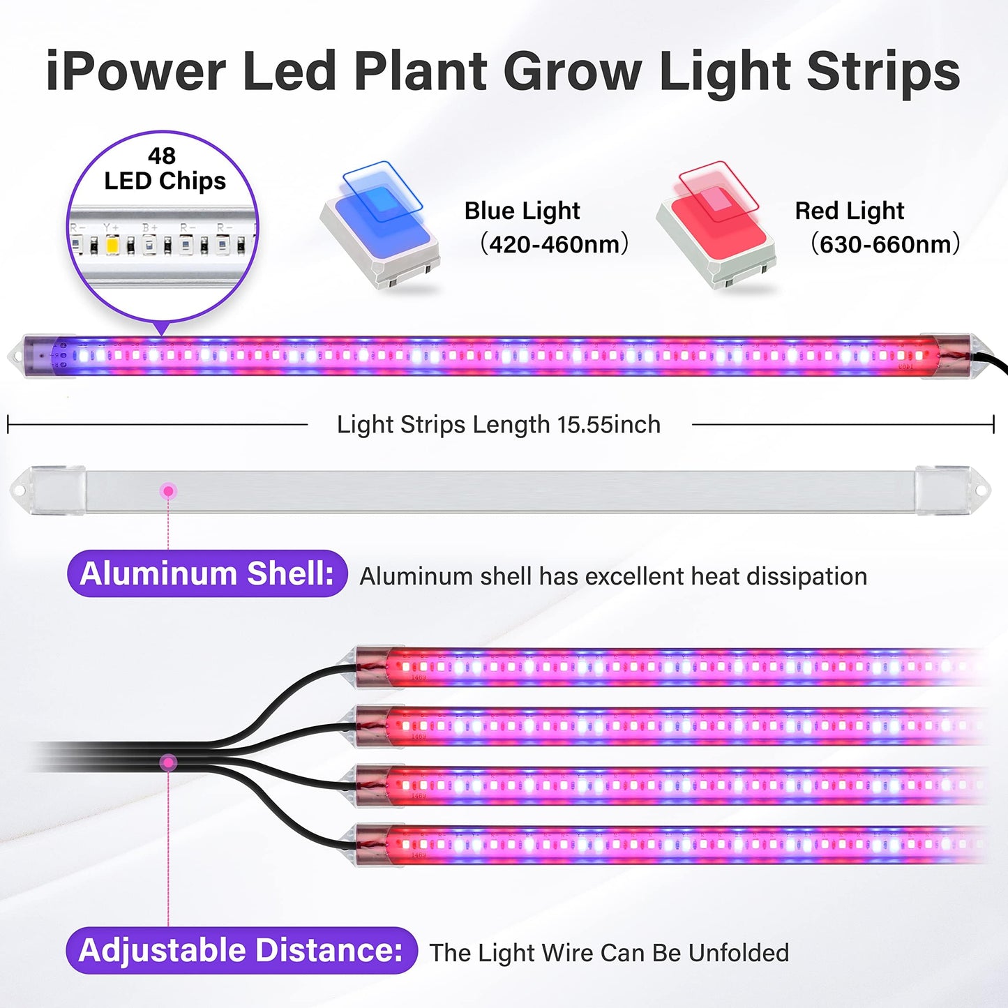 Rynx | Ipower 60W Led Grow Lights - Full Spectrum Plant Strips, Auto Timer, 10 Dimmable Levels, 4 Tub