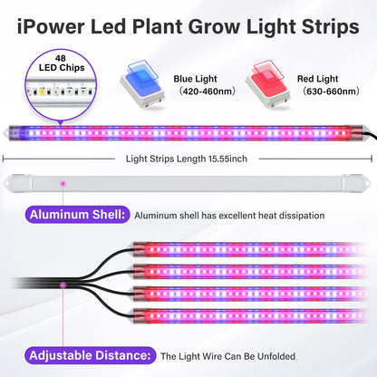 Rynx | Ipower 60W Led Grow Lights - Full Spectrum Plant Strips, Auto Timer, 10 Dimmable Levels, 4 Tub
