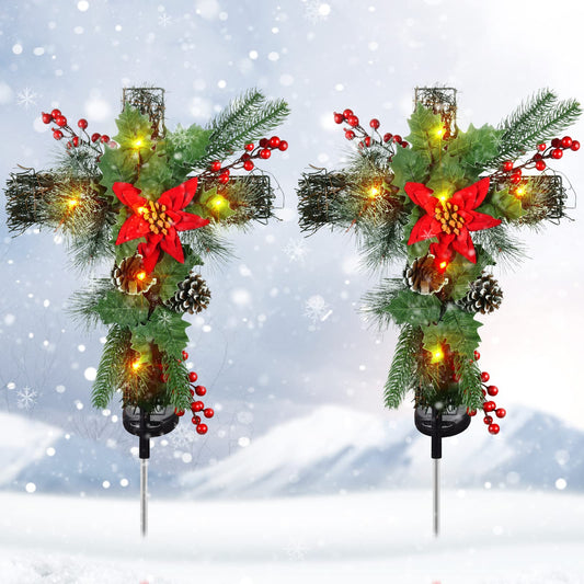 Rynx | Aiscool 2 Pack Solar Cross Stake Lights - Waterproof, Automatic On/Off, 10 LEDs For Christmas Decoration
