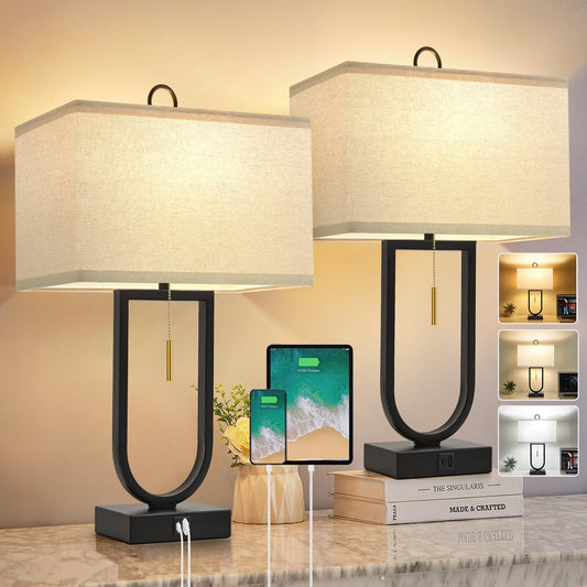 Rynx | Luvkczc 24'' Table Lamps Set of 2 with Usb C+A Ports, 3-Way Dimmable Tall Modern Lamps for Nightstand, Modern Lamp for Living Room Home Office, Pull Chain Switch & 2 Led Bulbs Included
