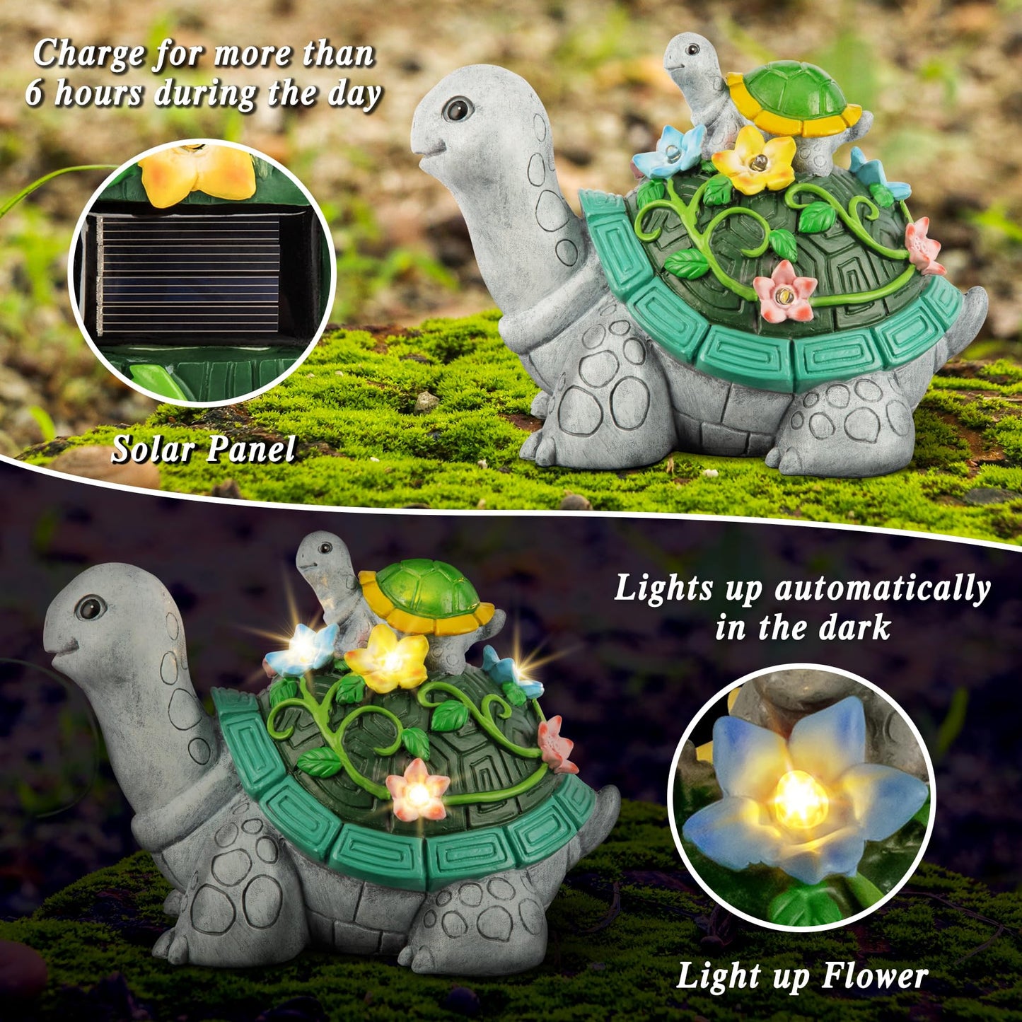 Rynx | Reading Turtle Solar Statue Garden Decoration With 7 Led Lights - Cute Resin Figures For Garden