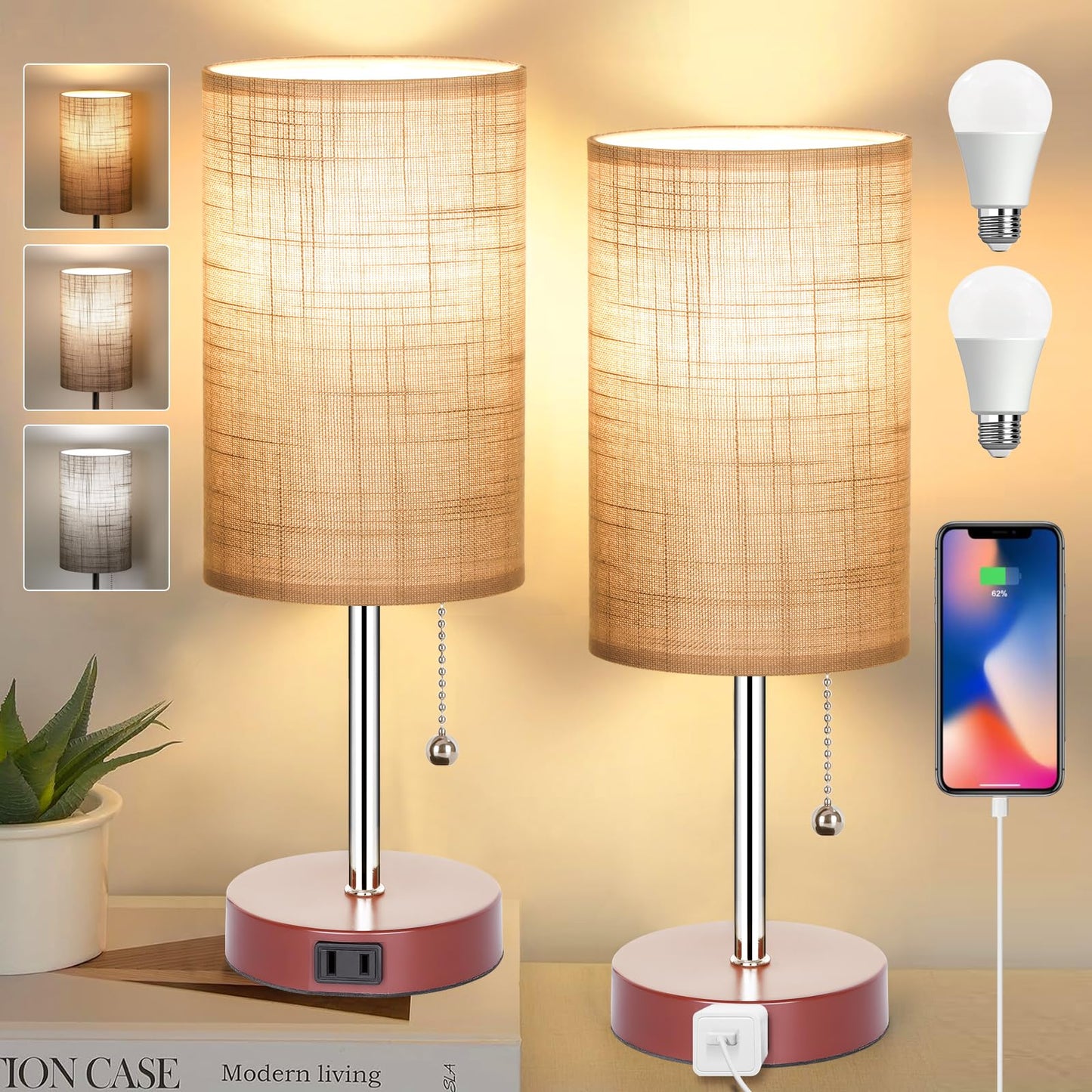 Rynx | Kukobo Bedside Lamp Set with 2 Table Lamps for Bedroom, 2700k/4000k/5000k Nightstand Lamp with Pull Chain and AC Outlet, Brown Shade