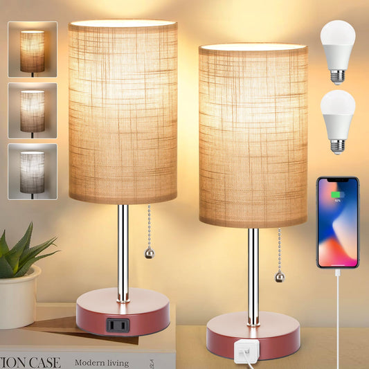 Rynx | Kukobo Bedside Lamp Set with 2 Table Lamps for Bedroom, 2700k/4000k/5000k Nightstand Lamp with Pull Chain and AC Outlet, Brown Shade