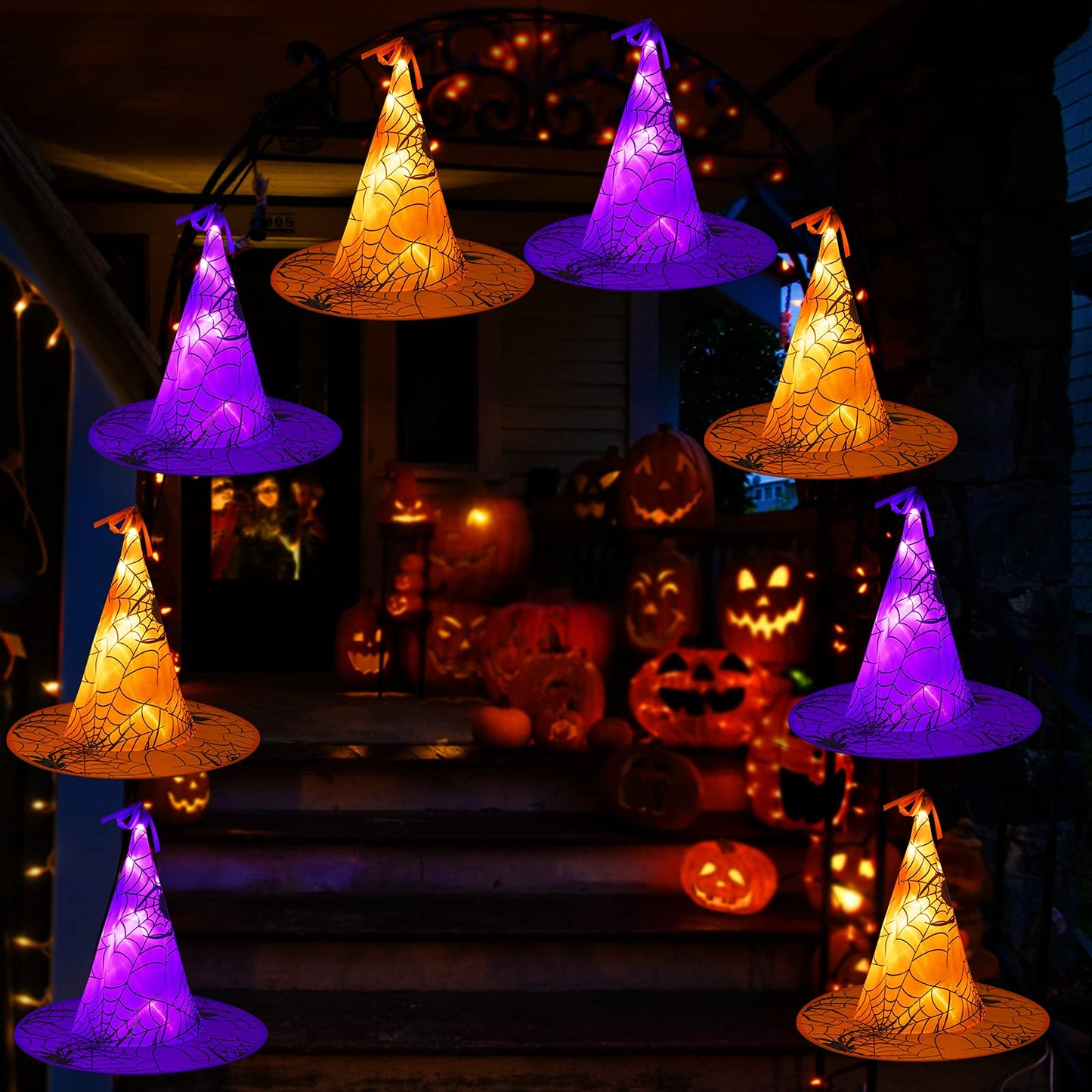 Rynx | Minetom Halloween Witch Hat Light, 56 LED Purple & Orange, Battery-Powered with Remote Control & Timer