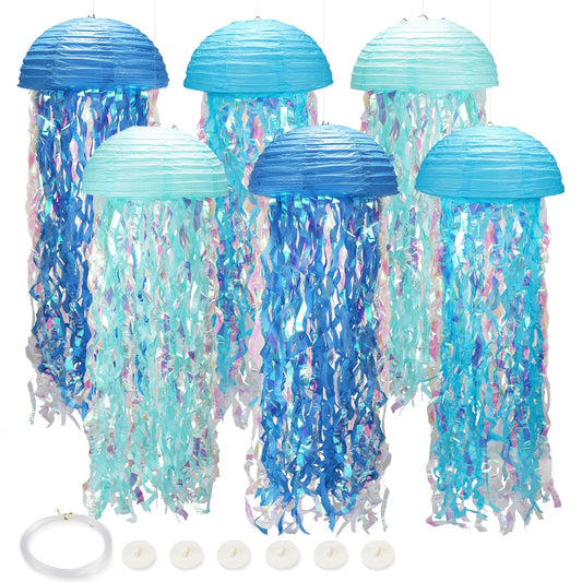 Rynx | Under the Sea Party Decorations, Jellyfish Paper Lanterns with Hooks + Ropes, 10 Inch Hanging Jellyfish for Birthday, Mermaid, Cute Shark, Sea Theme Party, Children's Room Decor