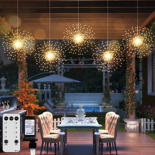 Rynx | Doondar 5 Pack Firework Light Strings Christmas Lights, 200 Led 8 Modes Hanging Starburst Lights For Party Garden Decoration (Warm White)