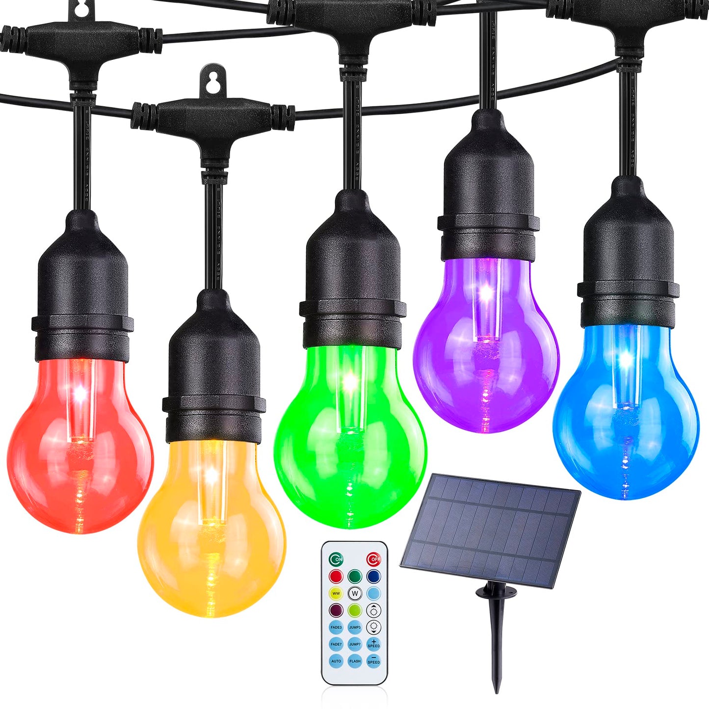 Rynx | Auroraworld Outdoor Light Strings RGB, 48Ft Dimmable Patio Light Strings with Shatterproof Edison Bulbs, Remote Control, Commercial Solar Light Strings for Café, Patio, Garden, Party