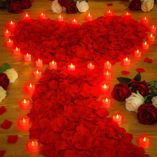Rynx | Vihose 4000 Pcs Artificial Rose Petals With 24 Pcs Led Tea Light Candles Flameless Led Lights Fake Rose Petals For Valentine's Day Proposal Wedding (Red Light, Red Petals)