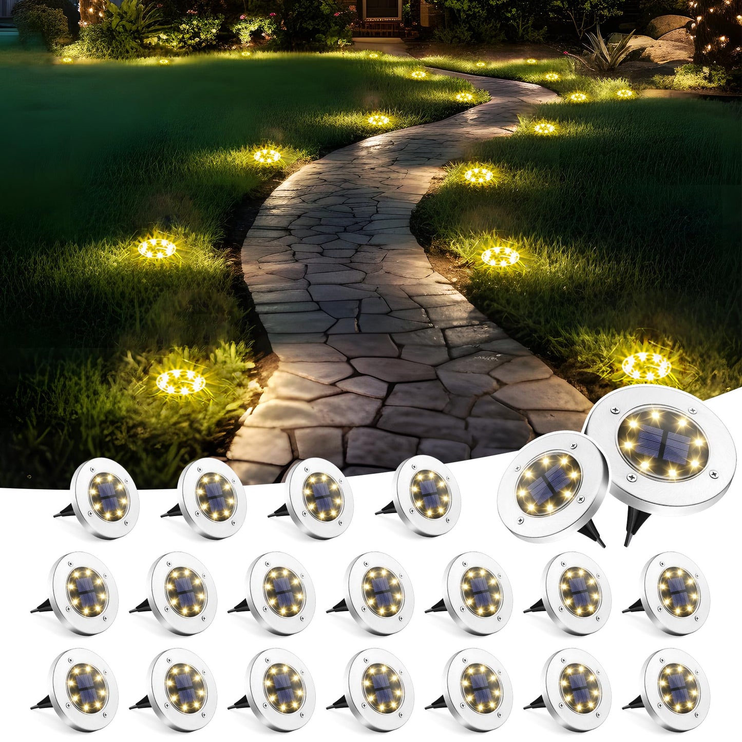 Rynx | Solpex 20 Pack Solar Lights for Ground, Waterproof Warm White Landscape Lighting for Path & Patio