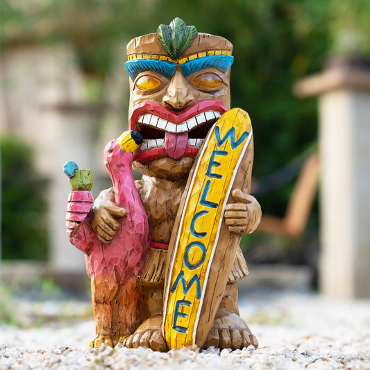 Rynx | Eptuega Solar Tiki Bar Flamingo Statue - 11.42" Welcome Sign for Patio, Garden, Lawn Decor