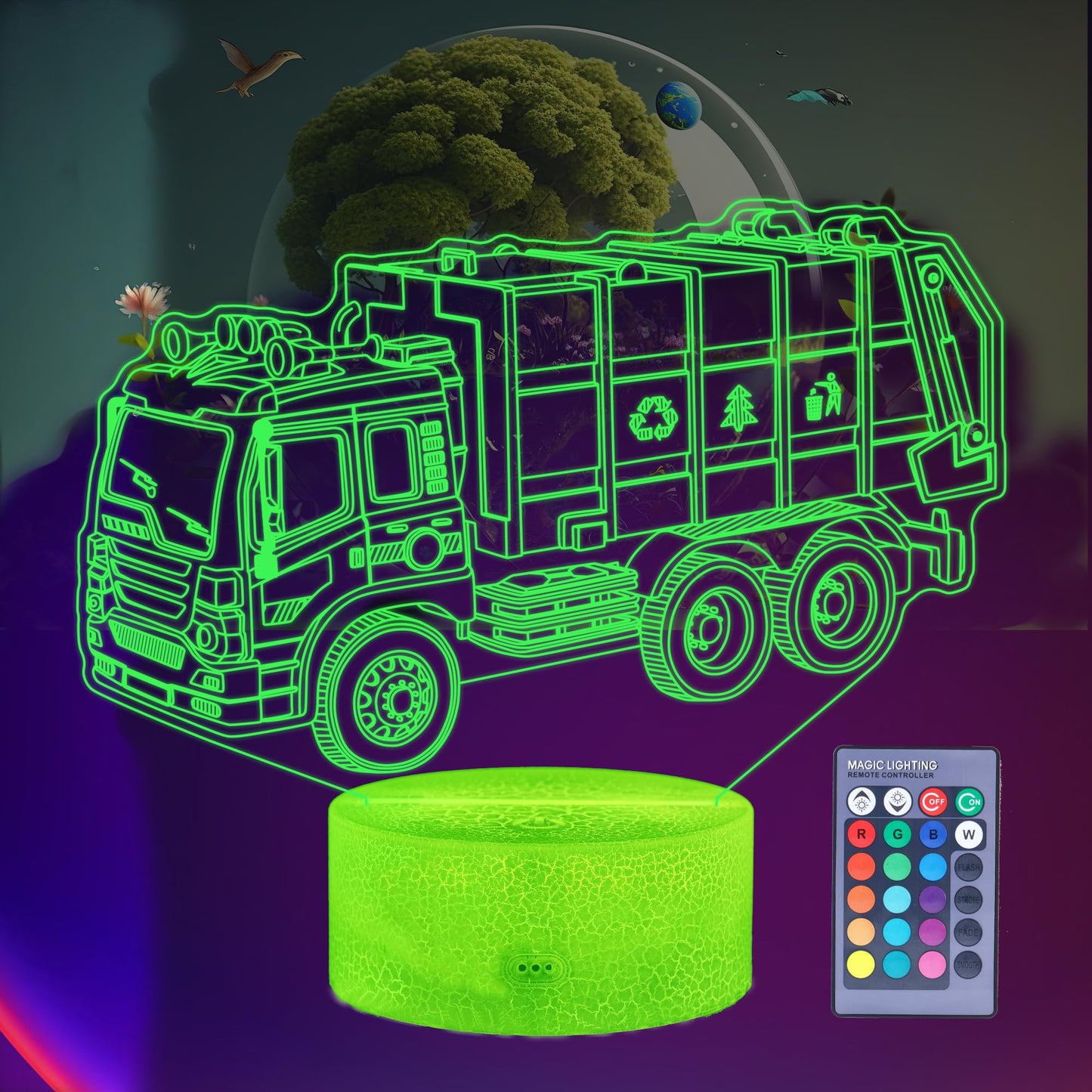 Rynx | Posshe garbage truck night lamp, garbage truck car gifts, ambulance 3D illusion lamp with 16 colors that change, remote control