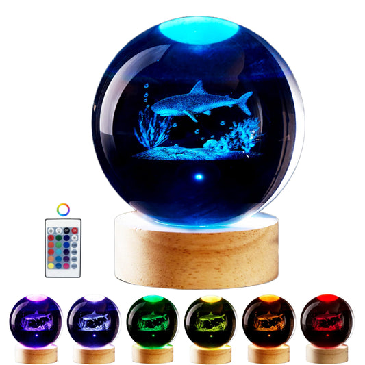 Rynx | Digfpwt Shark Crystal Ball Lamp, 3D 3.15 Inches Shark Crystal Ball Night Light With Wooden Base, 16 Colors Change With Remote Control