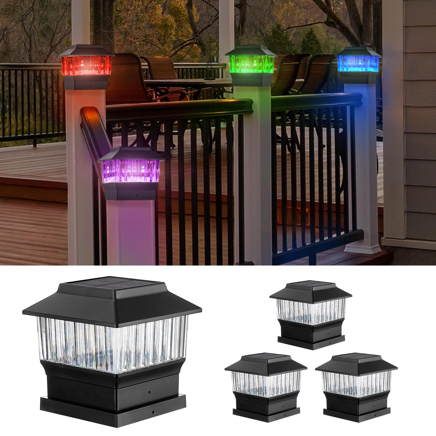 Rynx | Moon-De-Age Rgbw Solar Post Cap Lights, 50 Lumen, 4 Pack for Fence & Garden - Black
