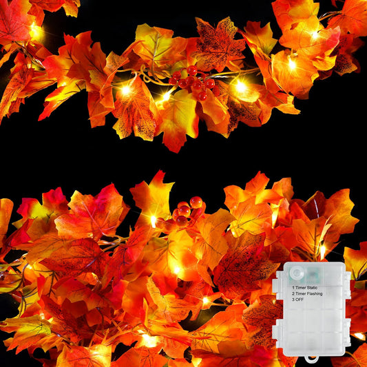 Rynx | Suddus Fall Garlands With Lights Battery-Powered, 6.56Ft 20 Led Illuminated Orange Autumn Leaf Garlands, Fairy Lights For Thanksgiving Decor, Table, Fireplace, Office, Porch, Halloween, Home Decoration