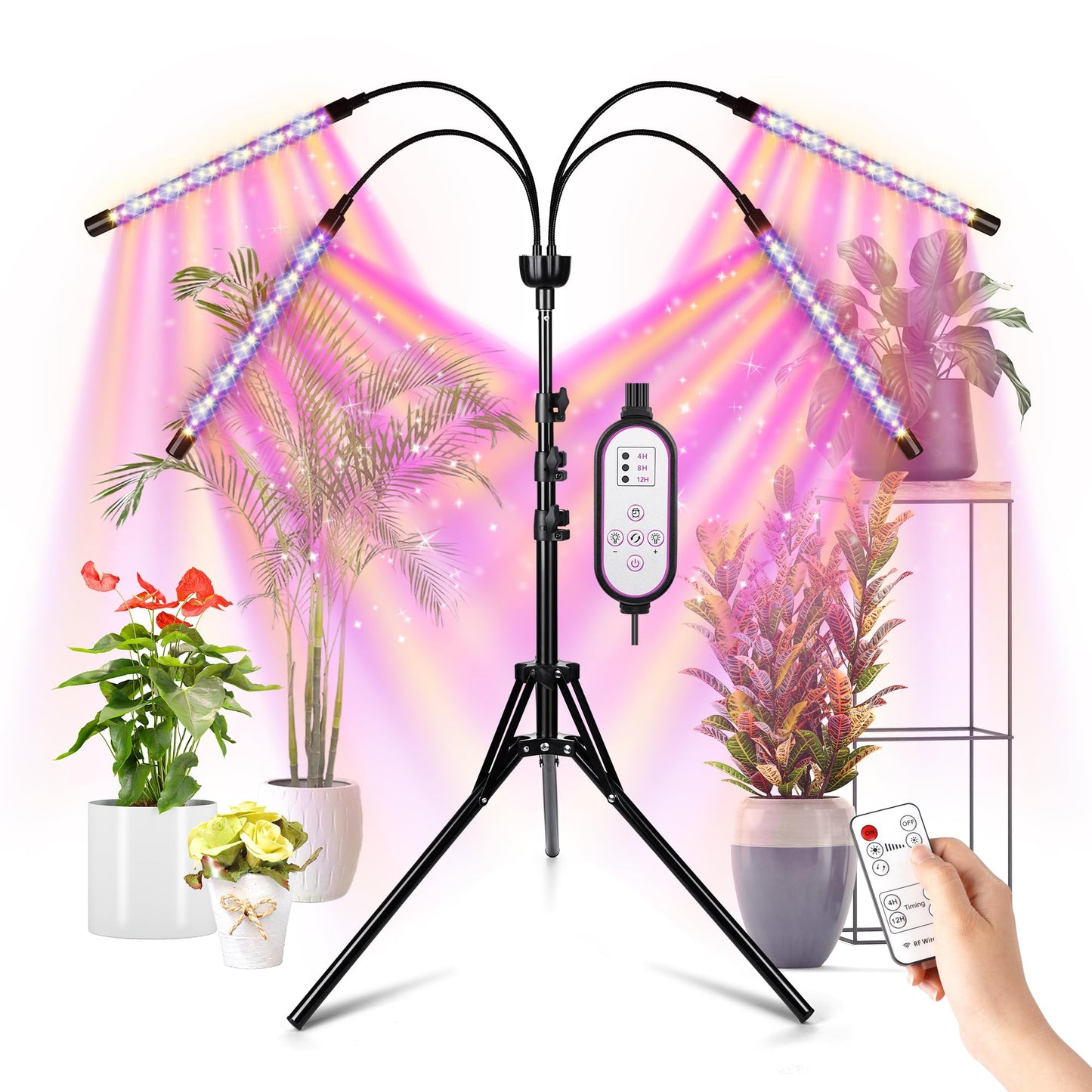 Rynx | LED Grow Light For Indoor Plants Full Spectrum With 15-63 Inch Adjustable Stand, Red Blue White Floor Grow Lamp With 4/8/12H Timer With Remote Control