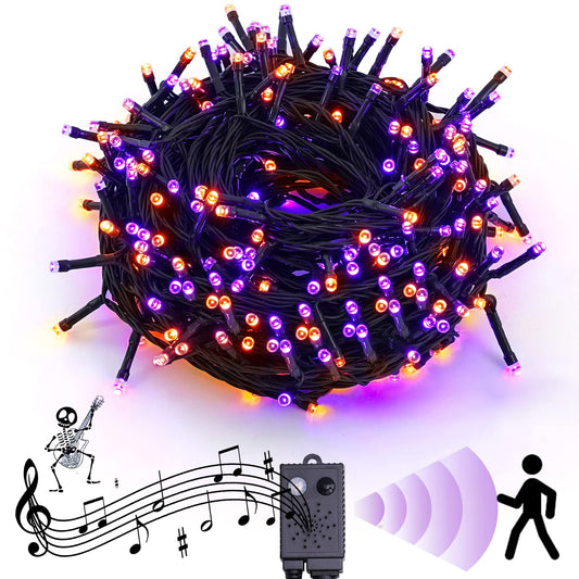 Rynx | Rotu Halloween Light Chains Outdoor With Music Sync Spooky Sounds 300 LED 114.8 Ft Indoor Fairy Light Chains Waterproof For Halloween Party Ghost House Decorations (Purple & Orange)
