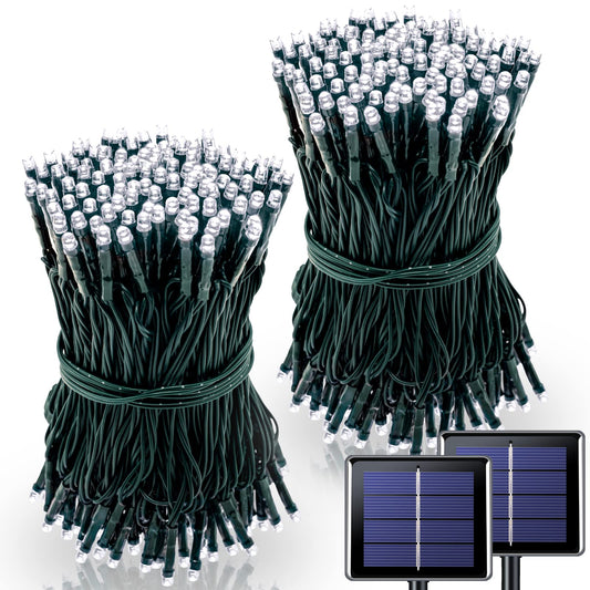 Rynx | Potive 2 Pack Each 200 Led Solar Light Chains Outdoor Waterproof, 75.5 Ft Green Metal Wire Solar Light Chains for Christmas, 8 Modes White Solar Light Chains for Wedding Decoration Wood Party Decorations
