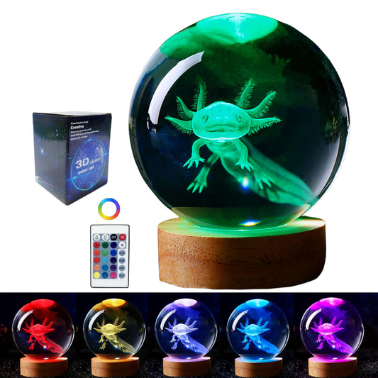 Rynx | Digfpwt 3.15 Inch Axolotl Crystal Ball Lamp, 3D K9 Crystal Night Light With Wooden Base, 16 Color Changing Remote Control, Clear Glass Ball