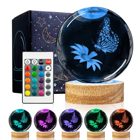 Rynx | Huntalg 3D Butterfly Crystal Ball Night Light Upgraded 3.15 Inch Butterfly And Flower Figurines Glass Ball Lamps With 16 Colors For