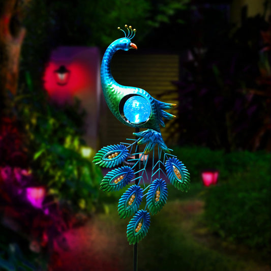Rynx | Qobumy 39 Inch Metal Peacock Solar Stake For Outdoor Decorative With Cracked Glass Ball Waterproof Solar Light, Lan