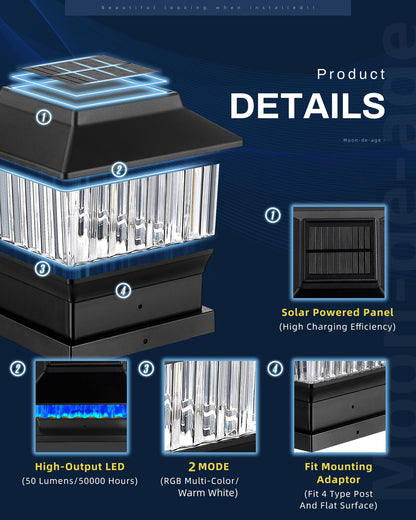 Rynx | Moon-De-Age Rgbw Solar Post Cap Lights, 50 Lumen, 4 Pack for Fence & Garden - Black