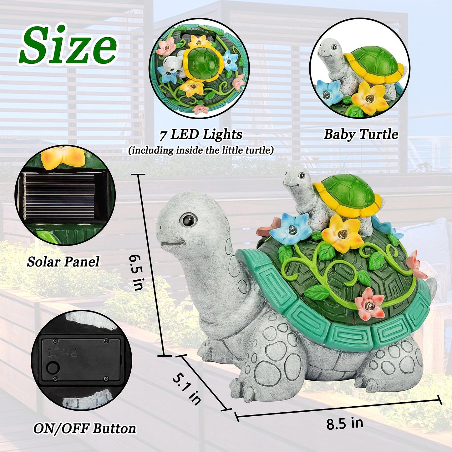 Rynx | Reading Turtle Solar Statue Garden Decoration With 7 Led Lights - Cute Resin Figures For Garden