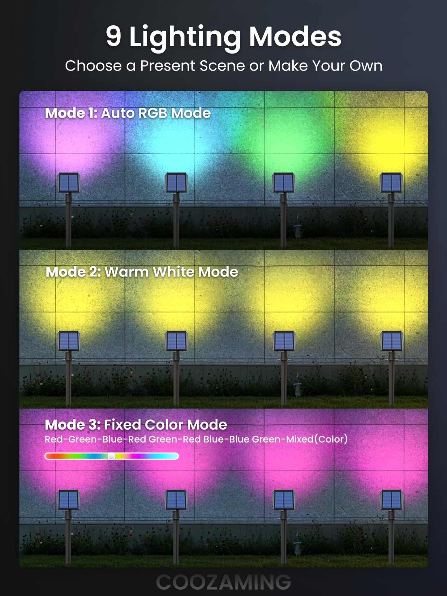 Rynx | Coozaming Solar Spot Light, 9 Color Modes, 63 Led Waterproof Garden Light - 4 Pack