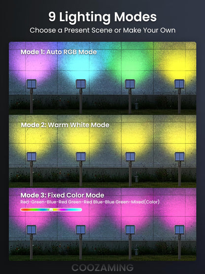 Rynx | Coozaming Solar Spot Light, 9 Color Modes, 63 Led Waterproof Garden Light - 4 Pack