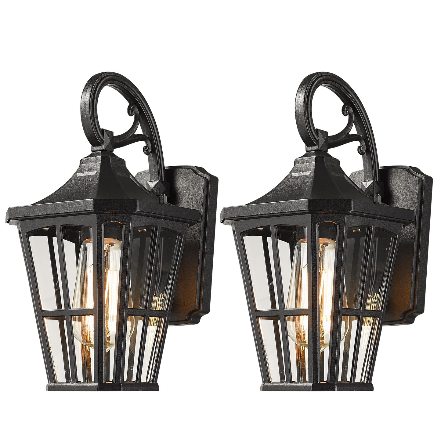 Rynx | Emliviar 2 Pack Modern Outdoor Wall Lamps, 12" Black Aluminium Fixtures With Clear Glass Shade
