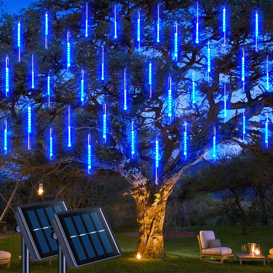 Rynx | Jmexsuss 2 Pack Solar Meteor Shower Lights Outdoor Christmas Lights, Blue Meteor Falling Rain Lights Cascade Light Strings Waterproof For Tree Garden Party Christmas Decor, Total 16 Tubes 288 Led