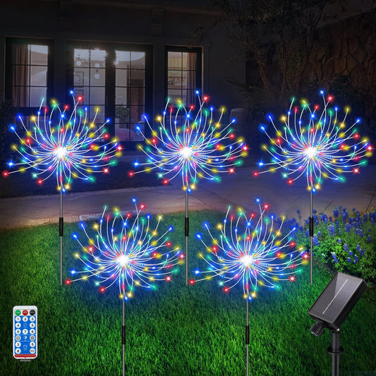 Rynx | Solar Firework Lamps, Garden Lighting 5-Pack 120 LED Remote Control Solar Decorative Lights, Waterproof Stake Landscape Lights with 8 Flashing Modes, For Garden Walkways Patio Decor (Colorful)