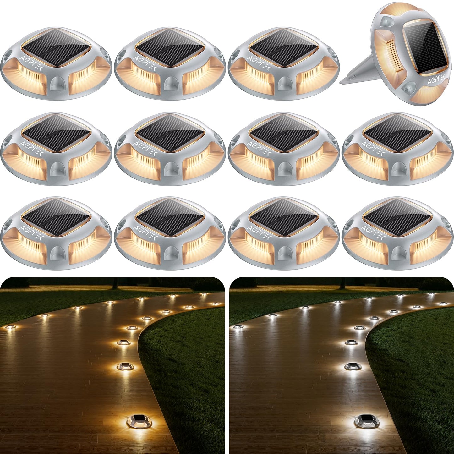 Rynx | Agptek Solar-Powered Driveway Light 12 Pack, Waterproof LED Pathway & Dock Lights, Warm & White