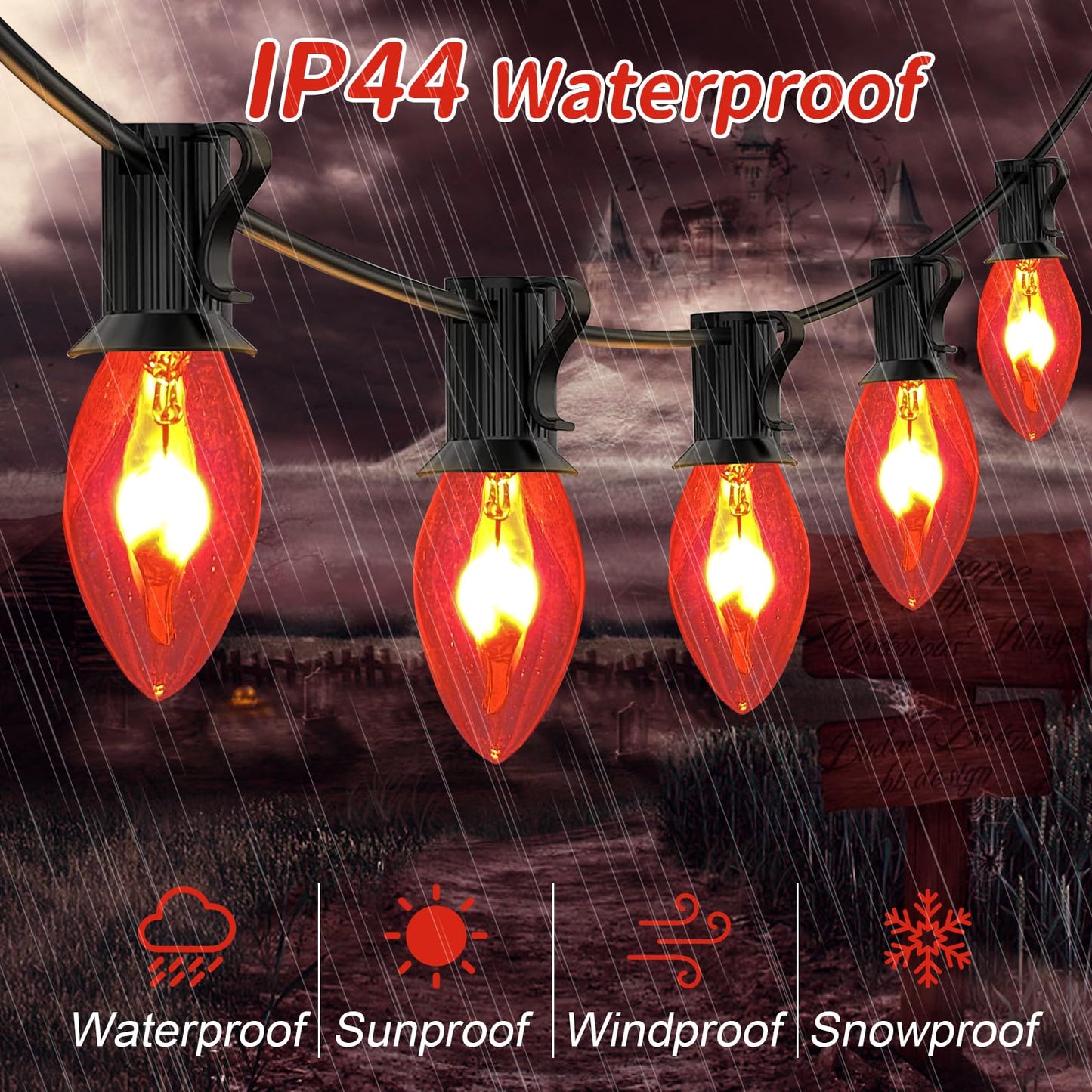Rynx | Doratale 25Ft C7 Orange Halloween Blinking Flame Light, Waterproof Indoor/Outdoor Decor