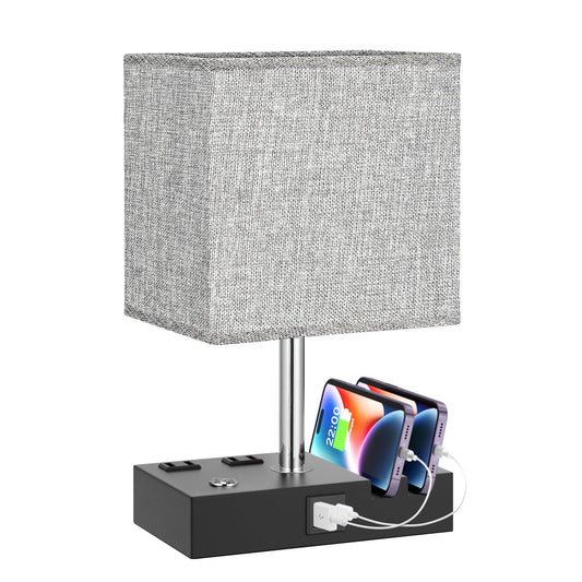 Rynx | Kakanuo Nightstand Lamp For Bedroom With Dual USB Ports, Gray Touch Control Bed Lamp With Charging Options And Phone S