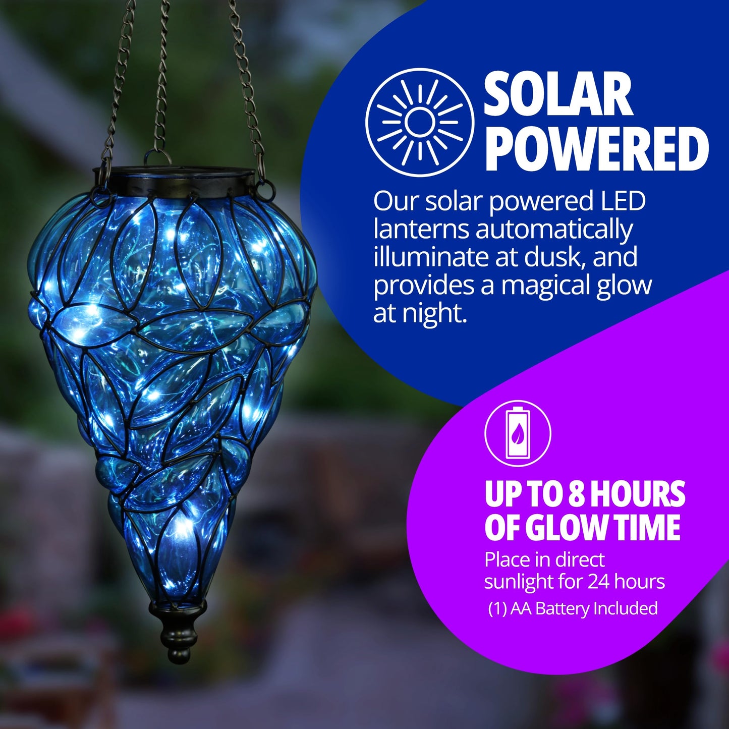 Rynx | Exhart Blue Outdoor Garden Solar Light, Tear-Shaped Hanging Lantern With 15 Firefly LEDs