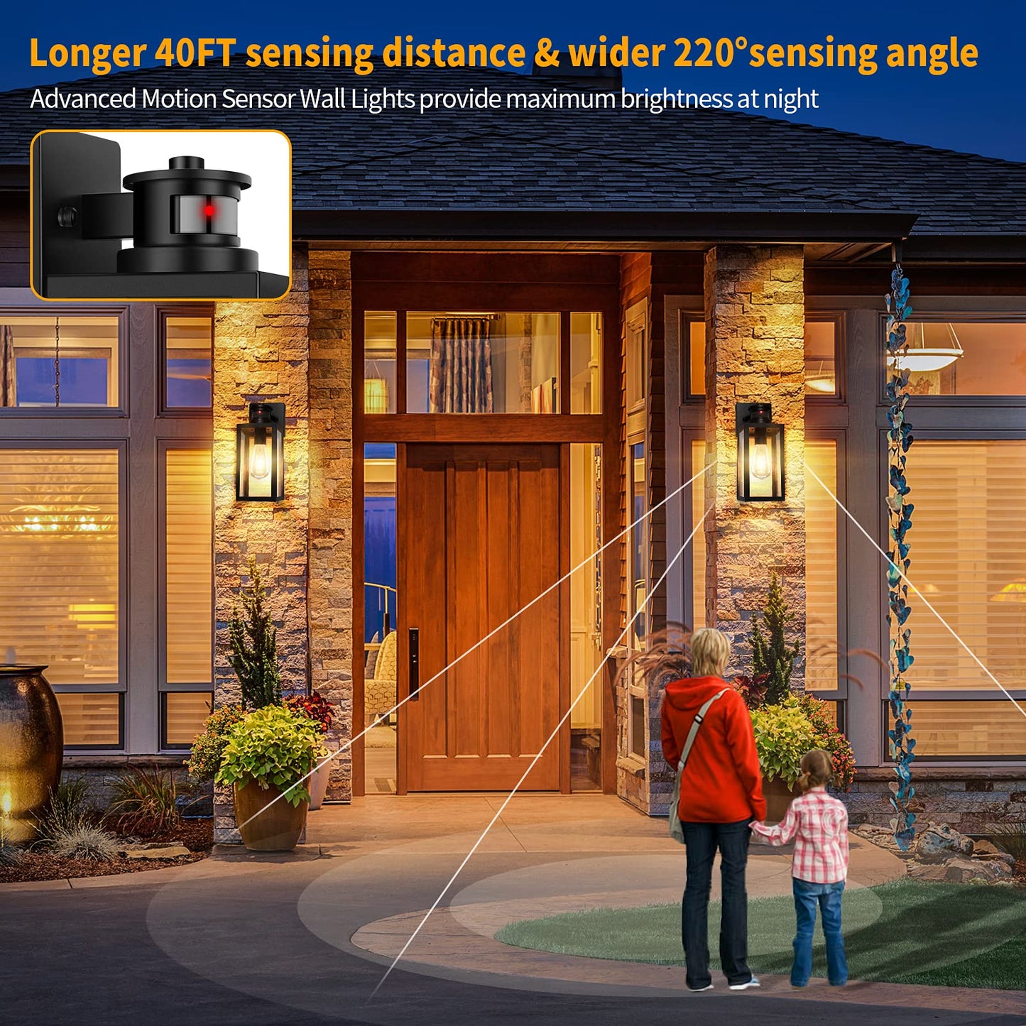 Rynx | Tobusa 2-Pack Motion Sensor Outdoor Wall Lights, Twilight To Dawn Black Lanterns For Veranda & Garage