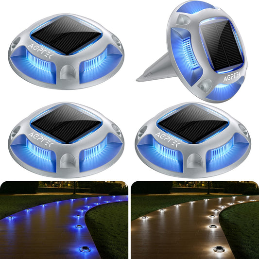 Rynx | Agptek 4 Pack Solar Driveway Lights - Waterproof Led Dock Markers, Blue & White For Path, Garden