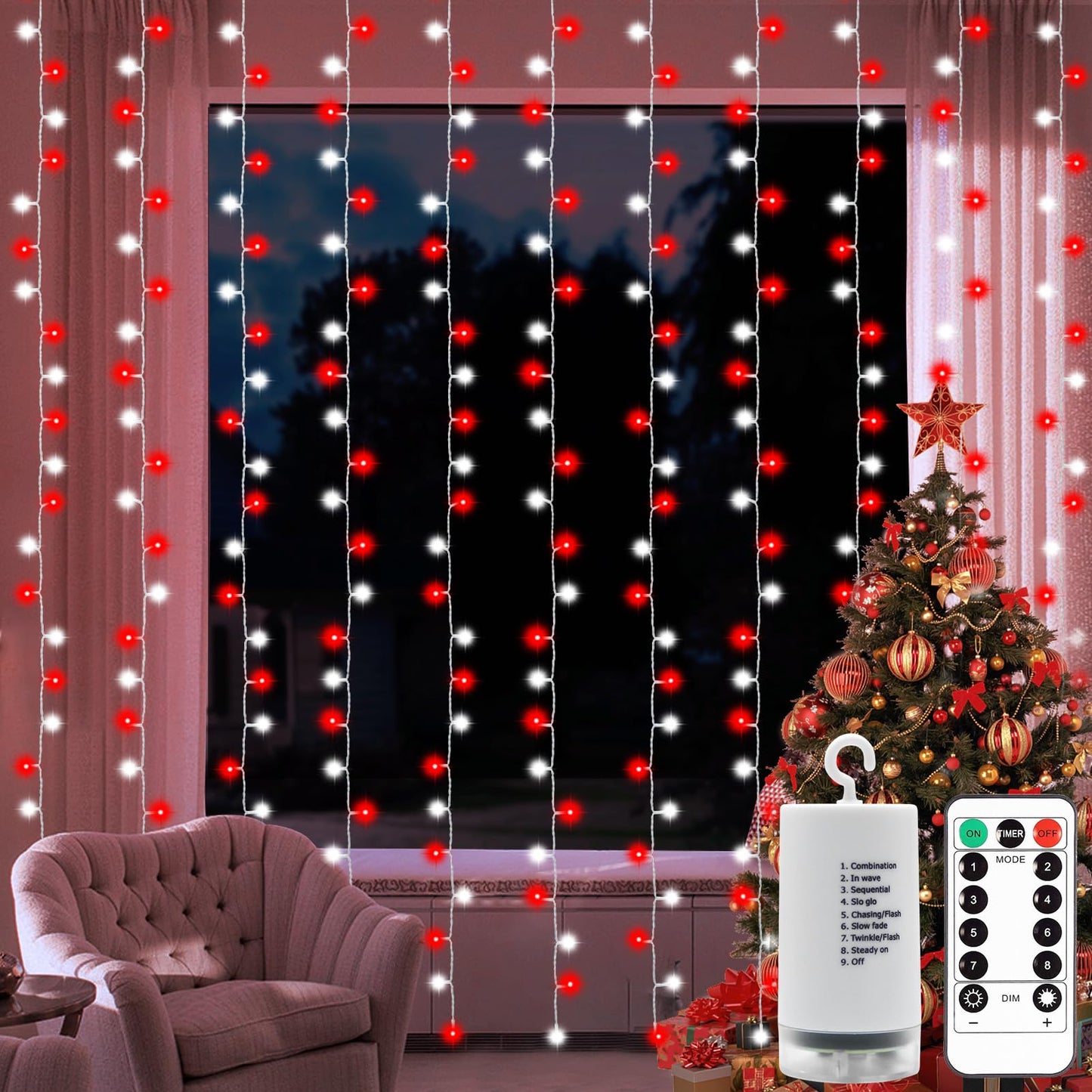 Rynx | Dealbeta Red White 300Led Christmas Curtain Lights With Remote Control, 8 Modes, 9.8X9.8Ft