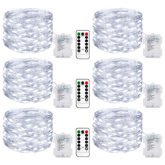Rynx | 6 Pack 33Ft 100Led Fairy Lights Battery Operated with Remote Control and Timer, Ip65 Waterproof Dimmable Copper Wire 8 Mode Led Flashing Lighting Indoor Outdoor For Bedroom Christmas Decoration - Cold White