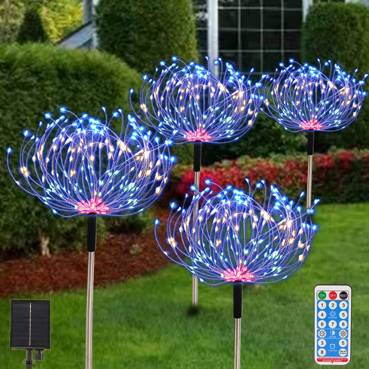 Rynx | Firework Solar System Lights Outdoor 4 Pack 480 Led Path Lights Solar Powered Starburst Fairy Lights Waterproof 8 Lighting Modes With Remote Control For Patio Christmas Garden Decorative (Multiple Colors)