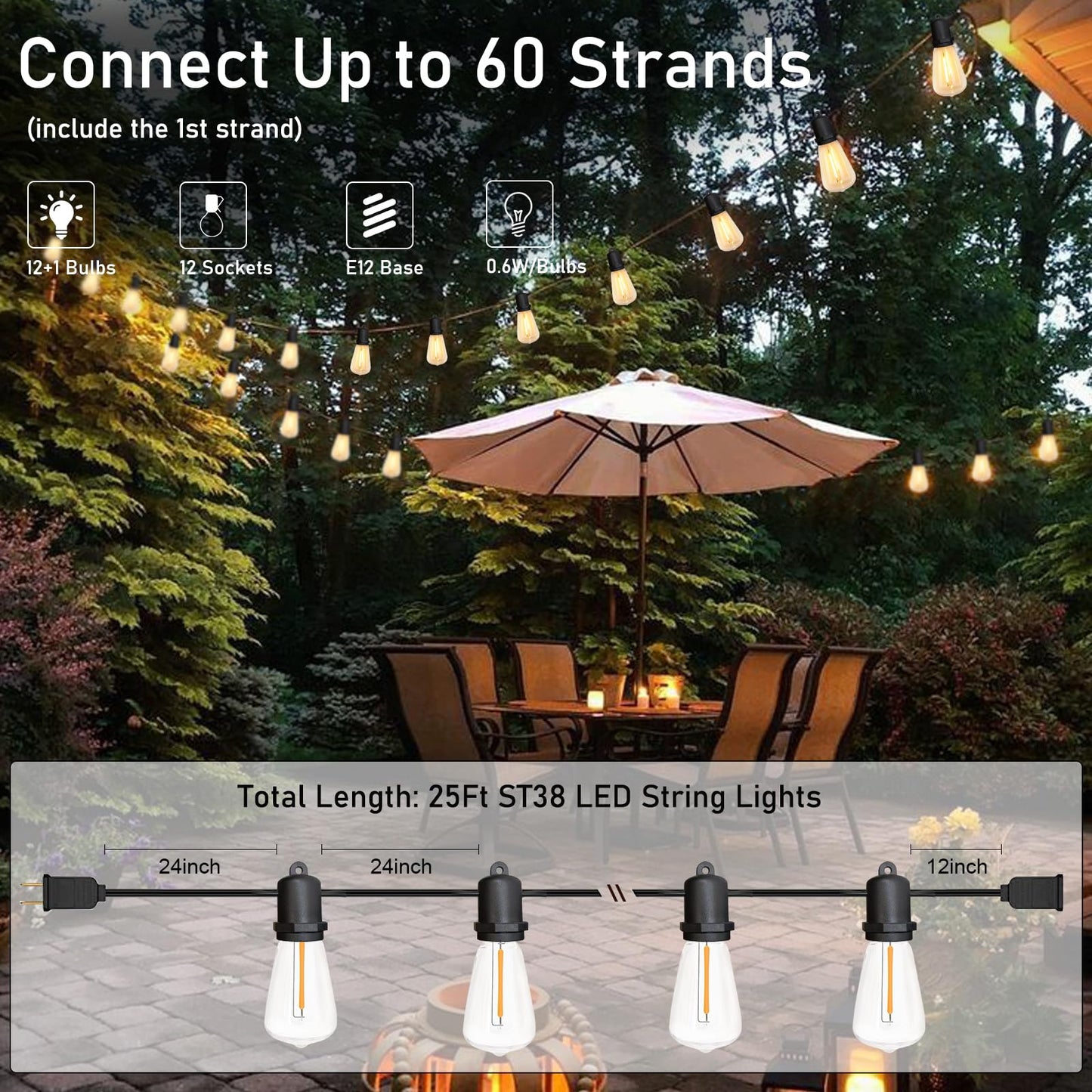 Rynx | Konictom 25Ft Led Outdoor Light Sources, 13 Warm White Socketed Bulbs For Patio & Garden Decor