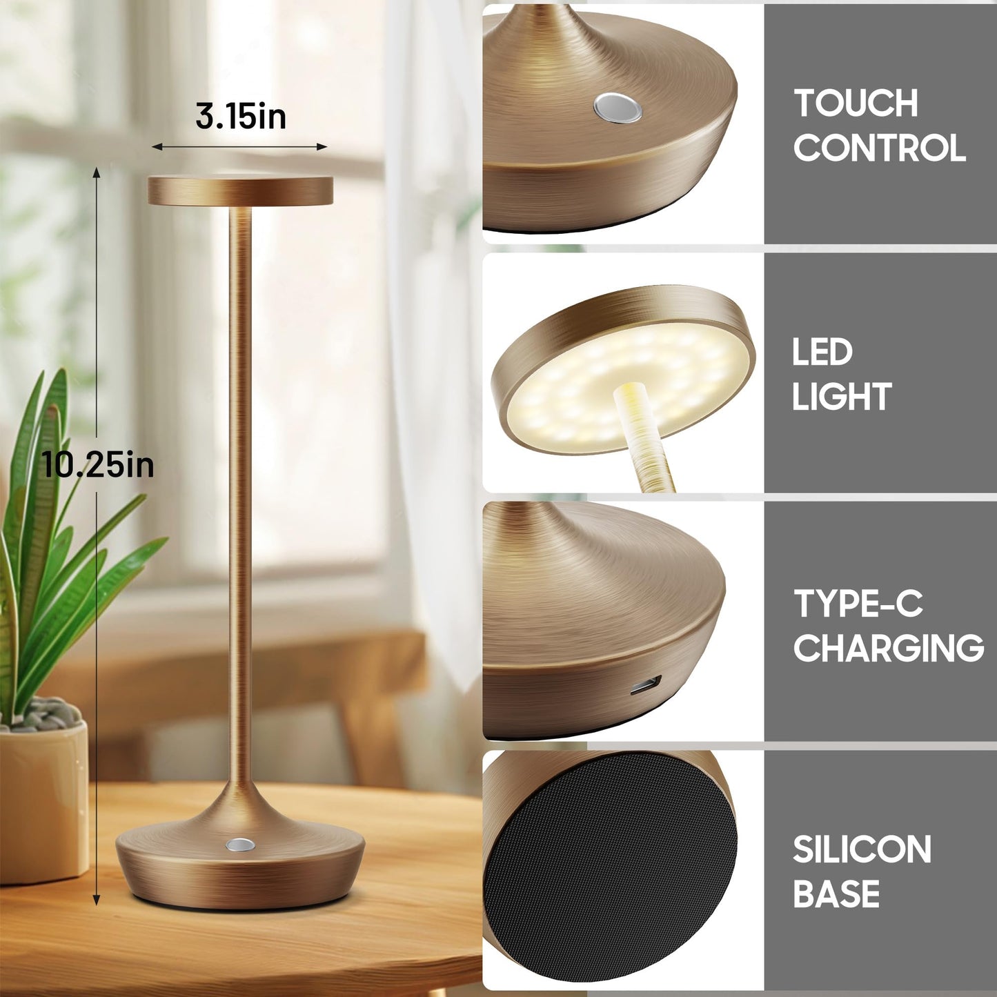 Rynx | Sikevht 2 Pack Wireless LED Table Lamps, 3-Color Dimming, Waterproof, Battery-Powered, Bronze
