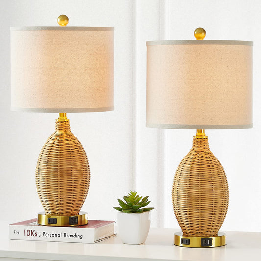 Rynx | Cinsary Touch Control Rattan Table Lamps, 3 Way Dimmable Bedside Lamps For Bedroom Set Of 2 With 2 USB Ports And AC Outlet, Gold Woven Nightstand Lamps For Living Room Office (LED Bulbs Included)