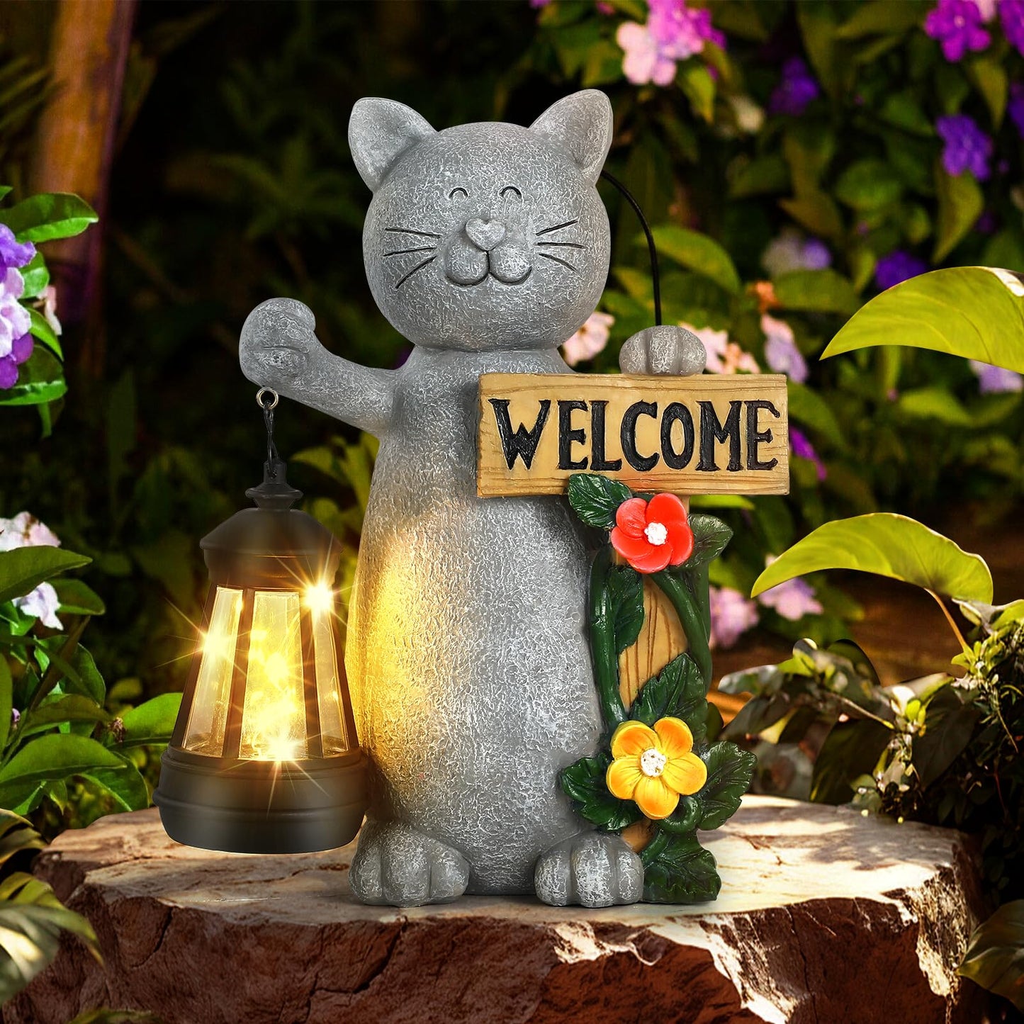 Rynx | Json Garden Statue Solar Cat Figure With Lantern, Solar Garden Decorations Statues For Patio, Balcony, Garden Ornament, Unique H