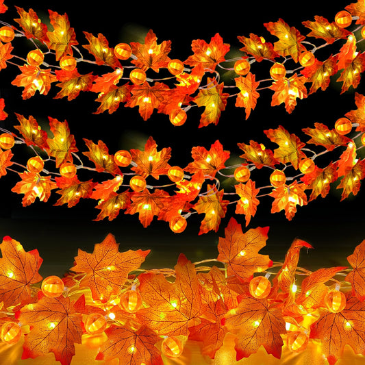 Rynx | 2 Pack Autumn Pumpkin Lights Thanksgiving Decorations For Home 60 Led 20 Ft Enlarged Maple Leaf Lights Pumpkin Lights Waterproof Battery Operated Thanksgiving Autumn Indoor Outdoor