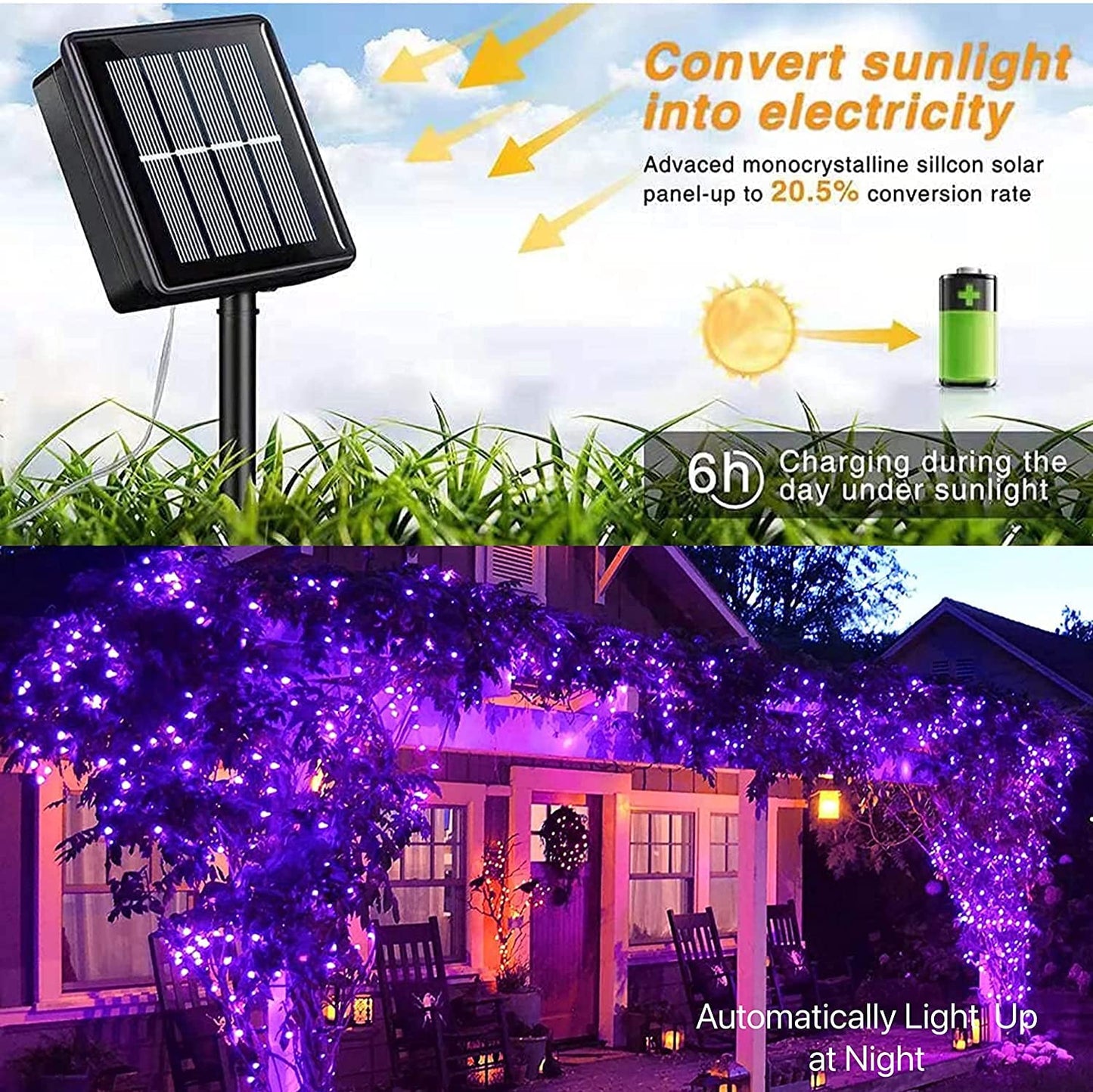 Rynx | Qitong 2 Pack Purple Solar Christmas Lights, 66Ft 200 Led Waterproof Fairy Lights, 8 Modes