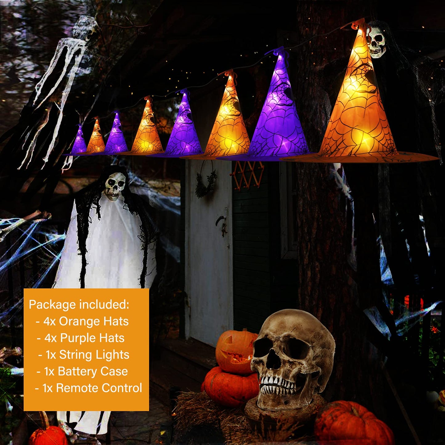 Rynx | Minetom Halloween Witch Hat Light, 56 LED Purple & Orange, Battery-Powered with Remote Control & Timer